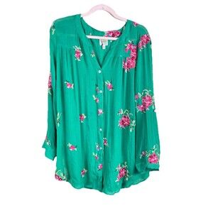 Fig & Flower Blouse Women's 2X Tunic Top Green Embroidered Floral Roll Sleeve